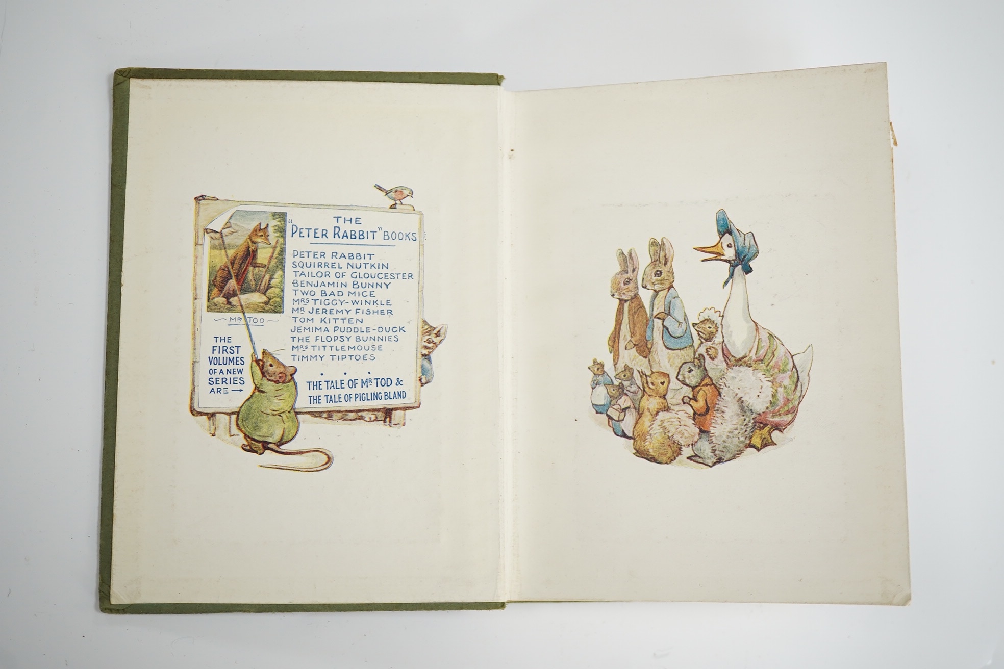 Potter, Beatrix - The Tale of Pigling Bland. First Edition. title illus., frontis., 14 coloured and other text illus., pictorial coloured e/ps.; light green paper boards lettered in brown, with mounted coloured illus. on